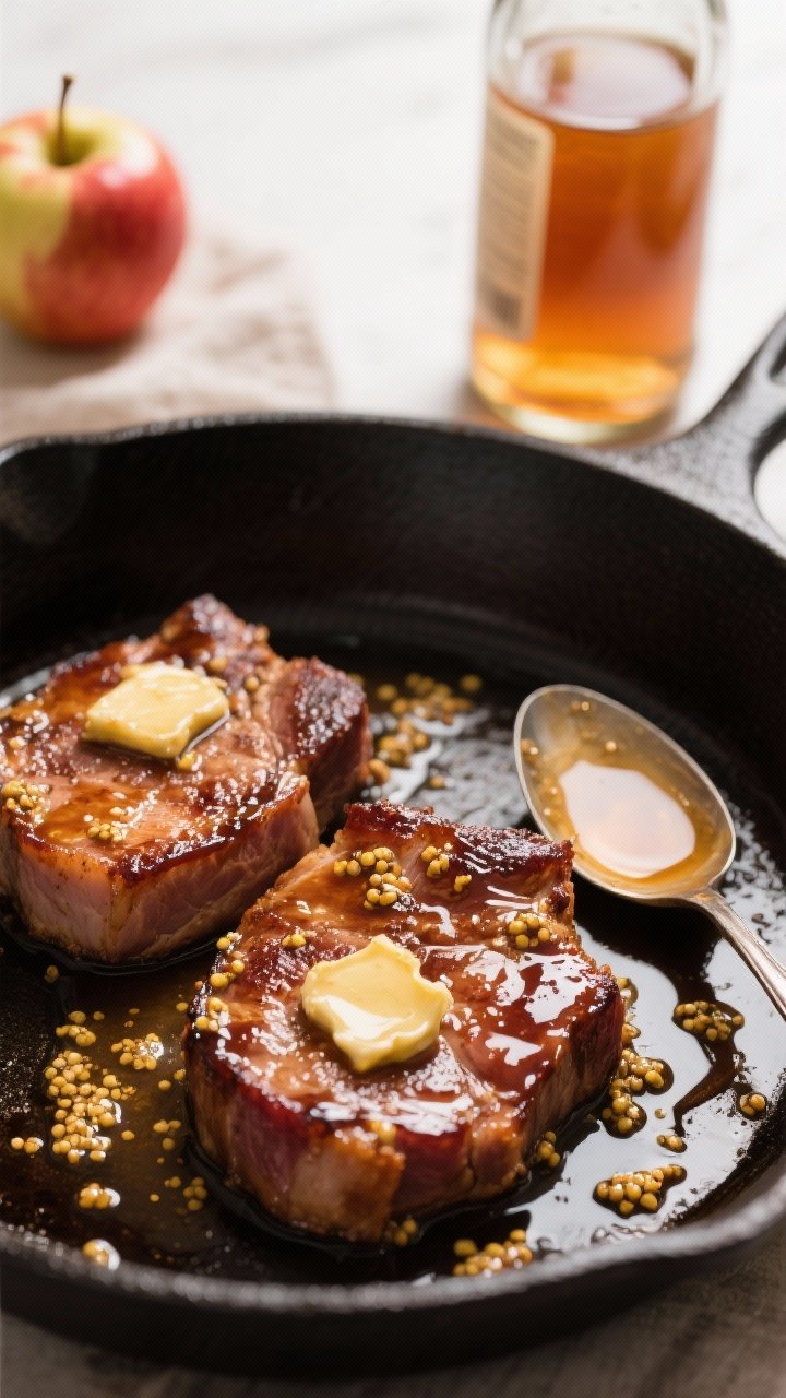 45-degree action shot of apple cider glazed ham steaks in a skillet: seared ham steaks lacquered with a sticky apple cider and brown sugar/maple reduction, Dijon mustard sheen, butter-finished; a few apple cider bubbles around edges; mustard pan sauce pooling; apple cider bottle and a spoon with sauce resting; rich mahogany glaze, savory-sweet aroma implied.