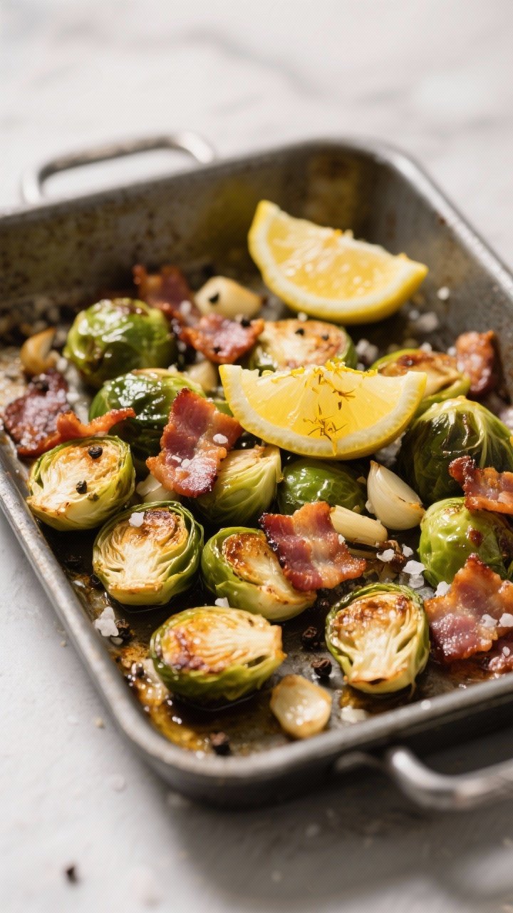 45-degree angle of one-pan lemon-garlic roasted Brussels sprouts with bacon: halved sprouts caramelized with crisp edges, interspersed with chunky crisped thick-cut bacon; minced garlic browned in spots; coarse kosher salt and black pepper visible; lemon halves, one squeezed over, zest sprinkled; served directly on the roasting pan for a hearty look.