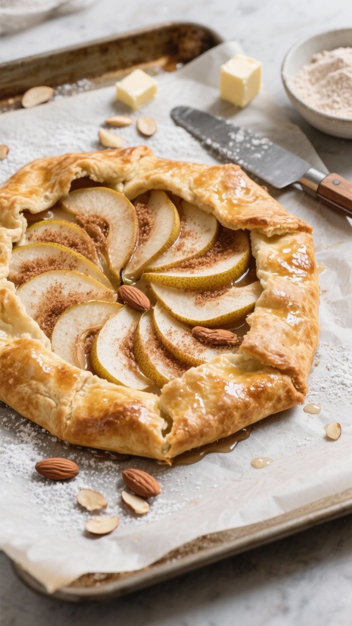 45-degree angle rustic pear galette on parchment: freeform golden crust folded over fanned pear slices sprinkled with brown sugar, a subtle layer of almond frangipane peeking at the edges, juices bubbling; brushed crust shimmer, scattered sliced almonds, and a dusting of powdered sugar, set on a baking sheet with a bench scraper, small bowl of almond flour, and dice of cold butter.