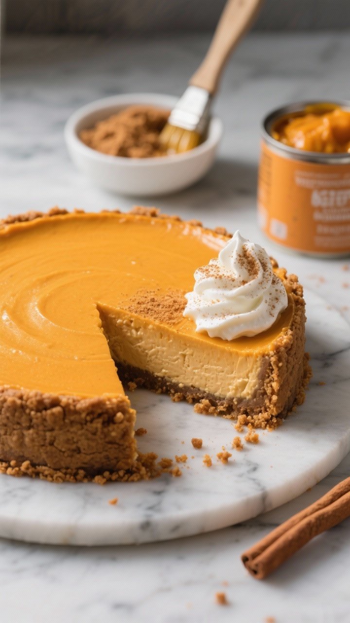 45-degree angle shot of a silky pumpkin cheesecake with a thick gingersnap crust: ultra-smooth pumpkin filling with a gentle orange hue, clean slice removed to reveal the tight, sandy ginger snap crumb, tiny flecks of cinnamon visible, garnished with a light swirl of whipped cream and a dusting of ground ginger; styled on a cool marble surface with a small bowl of gingersnap crumbs, melted butter brush, and a canister of pumpkin purée nearby.