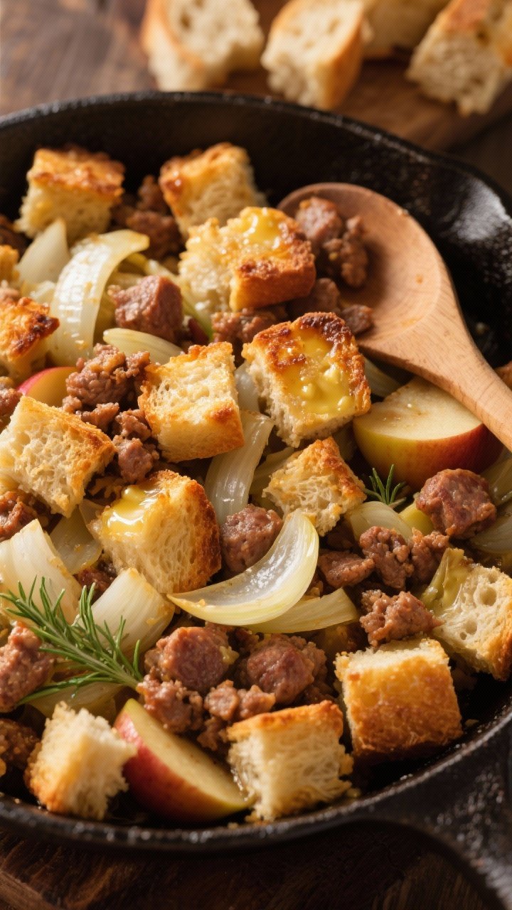 45-degree angle shot of crispy sourdough stuffing in a cast-iron skillet: golden 1-inch bread cubes with craggy edges, browned Italian sausage crumbles, translucent sautéed onion, fennel slices, and tender apple bits peeking through; butter-brushed top with toasted, crunchy finish; a wooden spoon resting on the skillet and extra sourdough cubes in the background; warm, cozy lighting.
