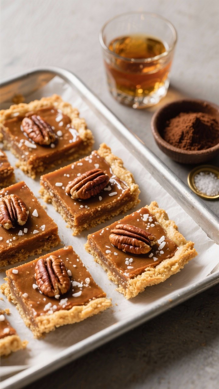 45-degree angle tray shot of Salted Bourbon–Brown Sugar Pecan Pie Bars: neatly cut squares on parchment in a metal baking pan, each bar crowned with glossy pecan pieces and a sprinkle of flaky sea salt. A small glass of bourbon nearby for mood, a ramekin of dark brown sugar, and a pinch bowl of salt. Golden edges, rich amber filling, clean crumbs. Soft directional light to highlight texture, shallow depth of field, no people.