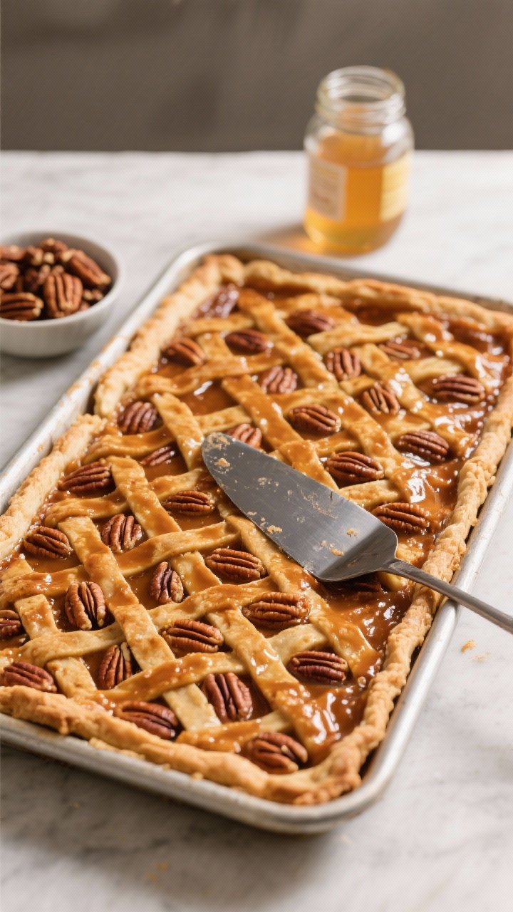 45-degree angle wide shot of Big-Batch Bourbon Pecan Slab Pie for a crowd: large rectangular slab pie on a rimmed sheet pan, lattice or evenly arranged pecan pattern across a glossy, amber filling rich with bourbon and brown sugar. Uniform slices scored for easy serving, a metal spatula ready at the edge, a small bowl of toasted pecans and a jar of light corn syrup in the background. Emphasis on scale, crisp crust edges, inviting sheen. Soft diffused light, no people.