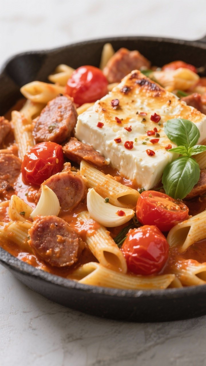 45-degree baked feta and chicken sausage pasta: roasted block of feta and burst cherry tomatoes smashed into a silky sauce, tossed with short pasta and sliced chicken sausage; garlic slices and red pepper flakes visible; basil garnish; glossy, ultra-comforting finish.