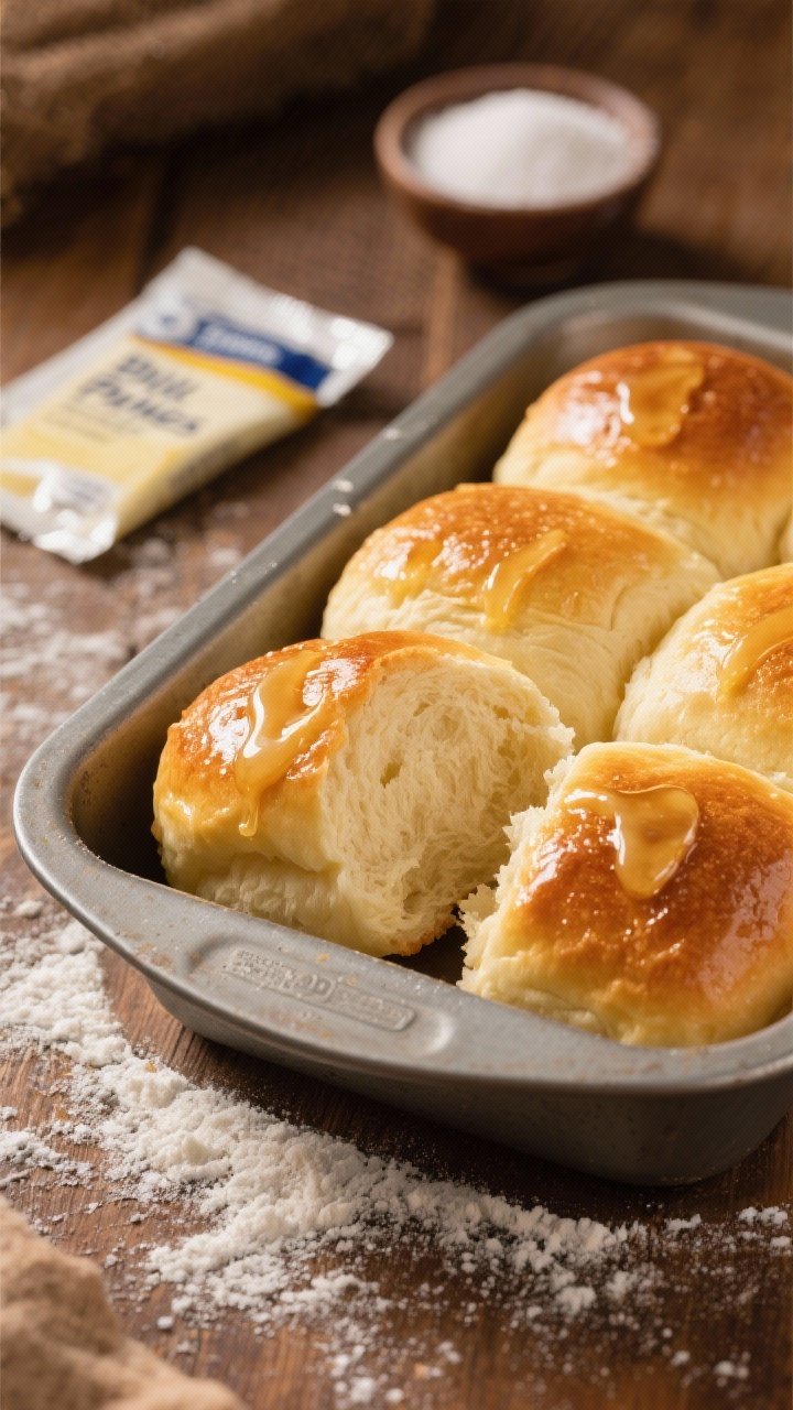 45-degree bakery-style shot of buttermilk Parker House rolls in a metal baking pan: golden, pillowy tops brushed with melting honey butter, tight, soft crumb visible where one roll is pulled apart; a dusting of flour on the table, a packet of instant yeast and a small bowl of sugar in the background; cozy, warm light emphasizing shine and softness.