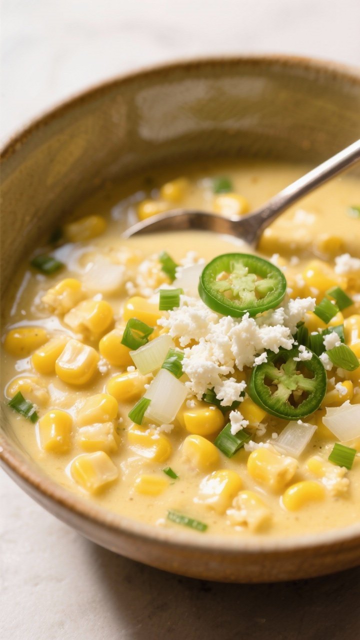 45-degree bowl shot of creamy corn with jalapeño, scallions, and cotija: sweet corn kernels suspended in a velvety butter-and-oil base, flecks of finely diced onion, tiny green confetti of jalapeño and scallions, snowy crumbles of cotija on top; served in a warm ceramic bowl with a spoon dipped in; bright, natural light to showcase yellow and green tones.