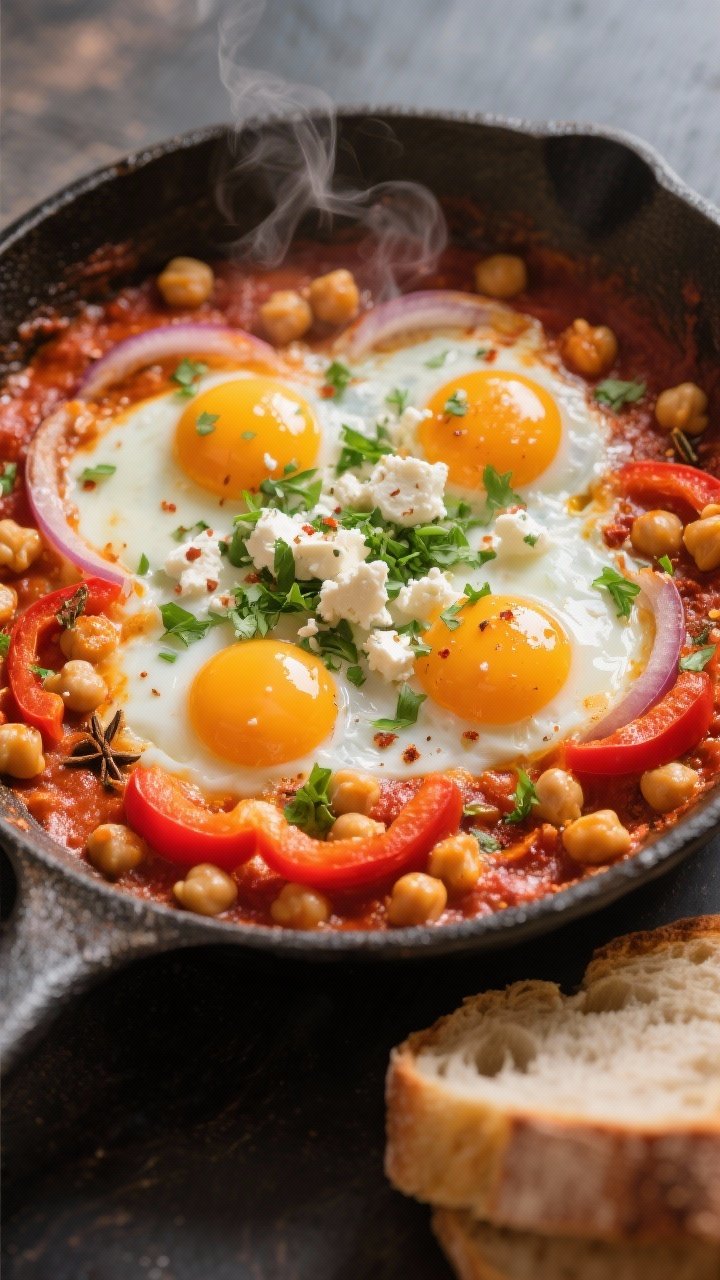 45-degree, bubbling skillet shakshuka with chickpeas: spiced tomato-pepper base with sliced onion and red bell pepper, chickpeas nestled throughout, seasoned with cumin, smoked paprika, coriander, and chili flakes. Eggs poached with set whites and jammy yolks, crumbled feta and a shower of chopped herbs (parsley/cilantro) on top. Warm, cozy tones, steam, and a side of crusty bread peeking in the frame.