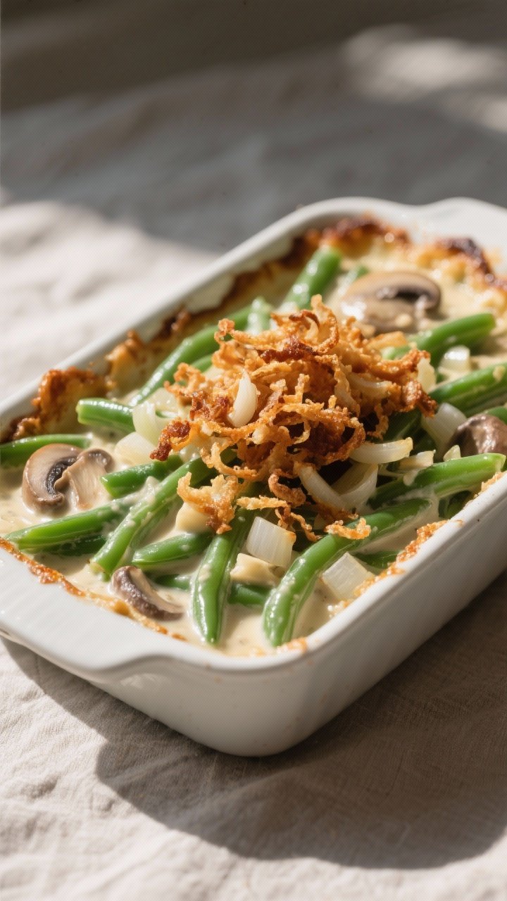 45-degree casserole dish shot of green bean casserole glow-up: vibrant green beans in a mushroom and onion cream sauce (homemade, not canned), topped with a generous mound of ultra-crispy fried shallots; bubbling edges, garlic notes implied by visible minced pieces, served on a neutral linen with soft afternoon light.