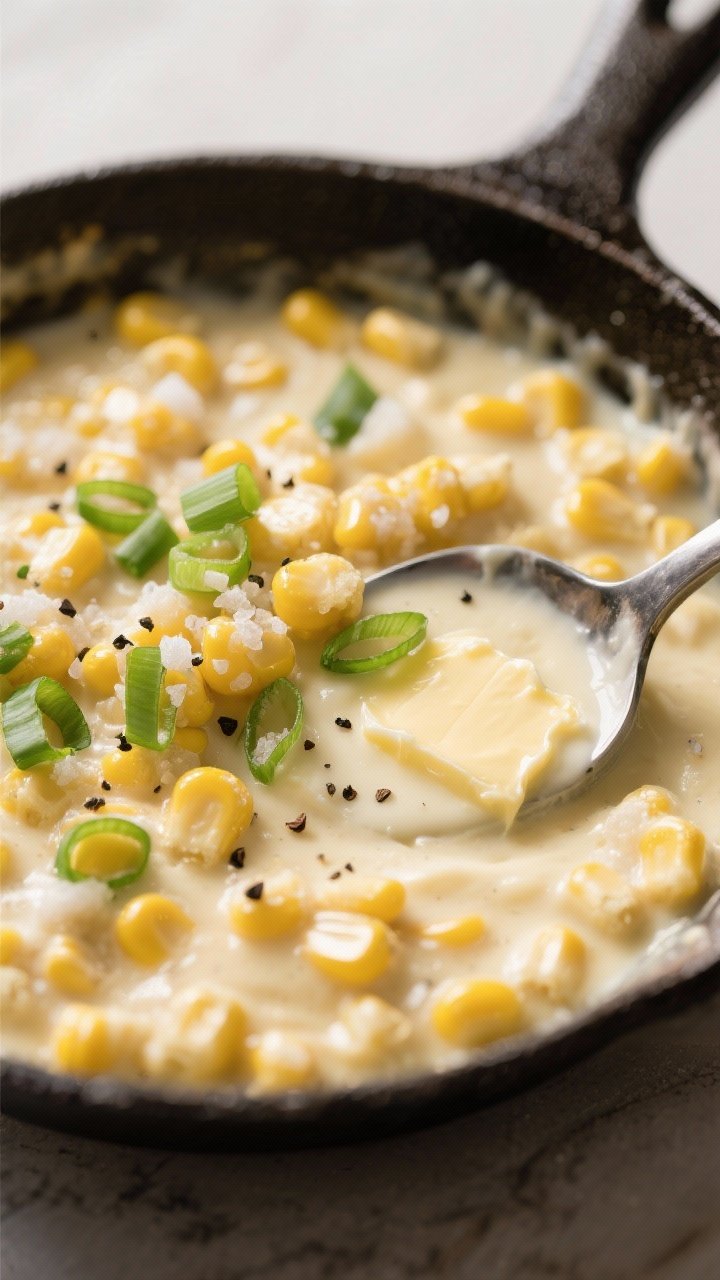 45-degree close-up of five-ingredient creamed corn with scallions in a small skillet: plump kernels of frozen corn in a creamy pool of heavy cream enriched with butter, lightly sweetened, speckled with kosher salt and black pepper; thinly sliced scallions scattered on top for color; spoon trail showing luscious thickness; warm, soft light.