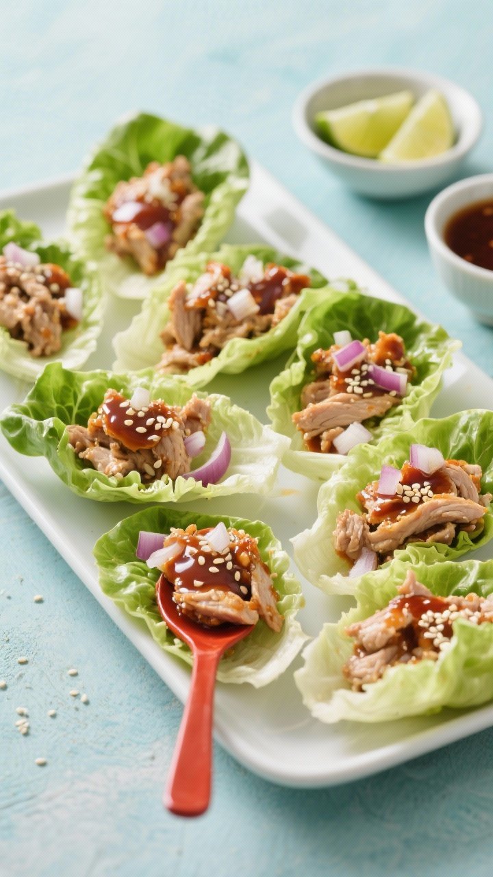 45-degree lettuce wraps platter: Ginger-Garlic Turkey filling glistening with hoisin, soy, rice vinegar, and a hint of sriracha, spooned into crisp butter lettuce cups; minced onion and sesame seeds sprinkled; small bowls of sauce and lime wedges nearby; bright, casual weeknight shot.
