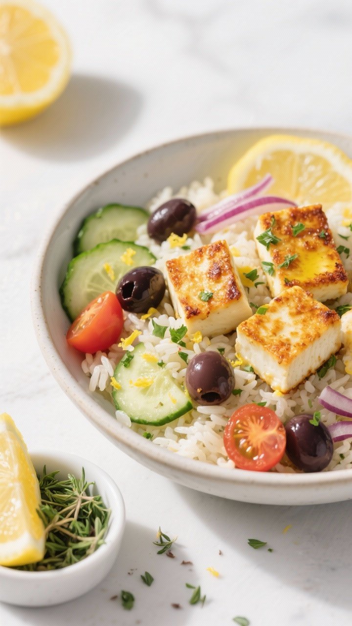 45-degree plated scene of crispy halloumi Greek bowls: golden seared halloumi cubes on a bed of lemony herbed rice (basmati), visible flecks of lemon zest, parsley, and dried oregano. Add sliced cucumber, cherry tomatoes, Kalamata olives, and red onion ribbons for Greek vibes, drizzled with olive oil and a squeeze of lemon juice. Served in a wide shallow bowl with a small side dish of extra oregano and lemon wedges, clean bright Mediterranean styling.