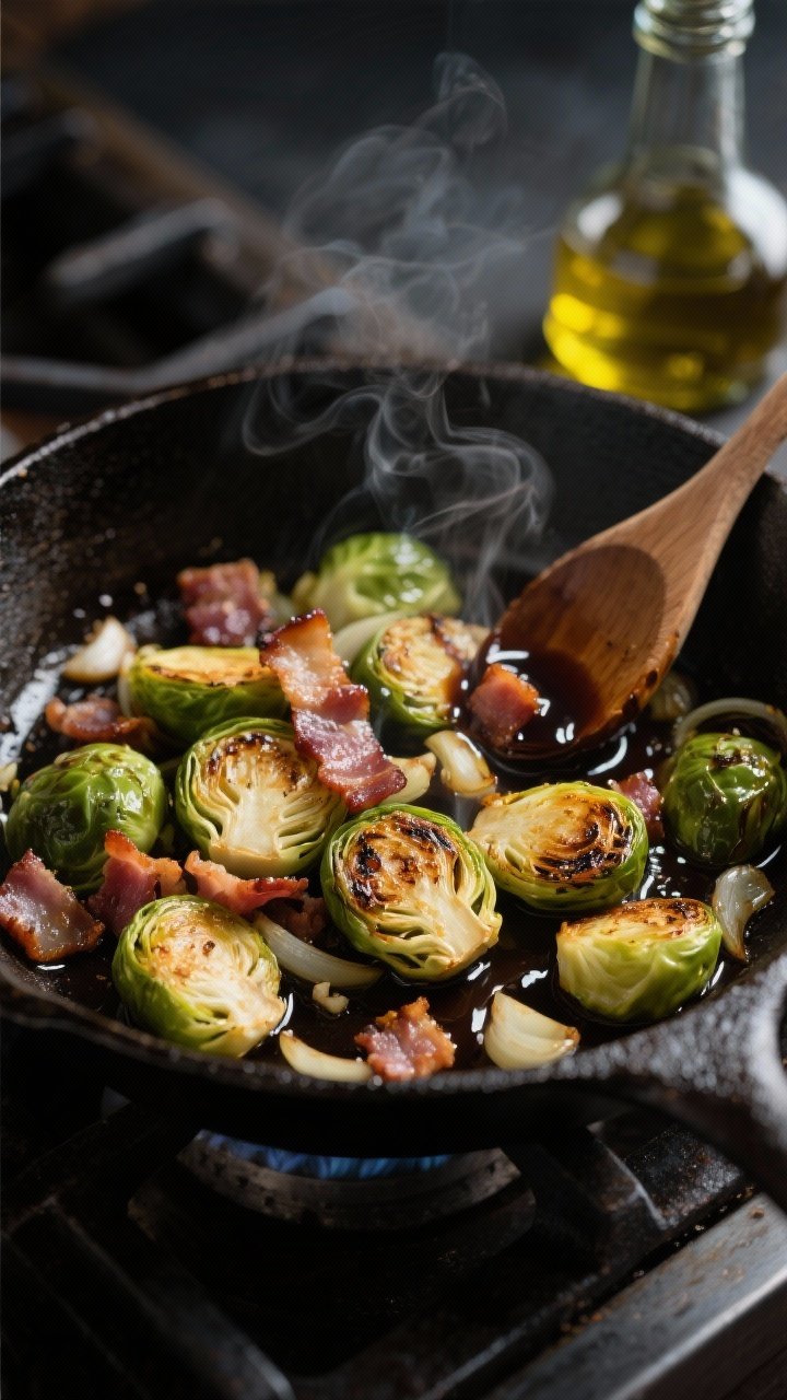 45-degree skillet action shot: cast-iron pan on a dark stovetop with halved Brussels sprouts seared cut-side down to a deep char, chopped bacon rendered and lightly crisp, thinly sliced shallot strands and minced garlic nestled between sprouts; a wooden spoon stirring as a glossy reduced balsamic pools and clings, creating lacquered, mahogany tones; a small bottle of balsamic in the background blur, olive oil shimmer visible; moody side lighting emphasizing steam and sizzle, tight composition on the cooking process.