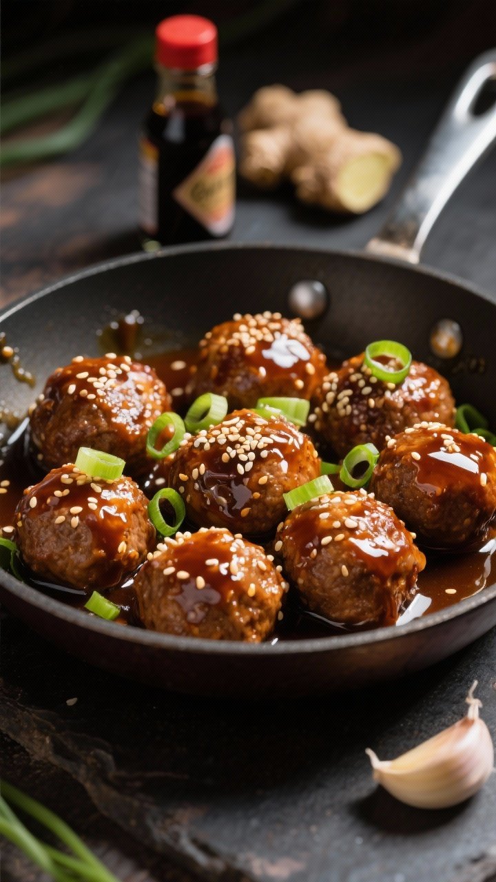 A 45-degree action shot of honey-soy sticky cocktail meatballs in a shallow skillet, lacquered sauce clinging thickly, sesame seeds and sliced scallions scattered over; visible ingredients hint—bottle of soy sauce, a nub of ginger, and a garlic clove at the edge of frame; glossy, dramatic lighting.