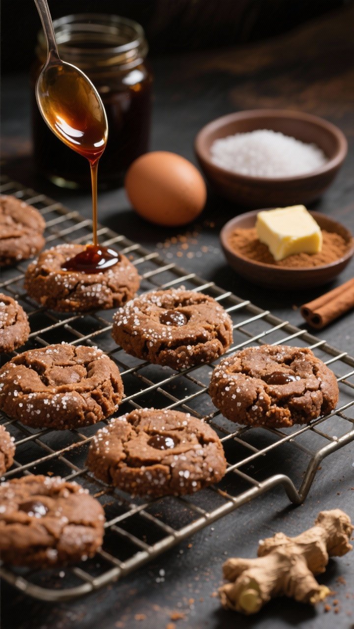 A 45-degree angle of chewy ginger molasses cookies cooling on a wire rack, tops rolled and crackled with sugar. Style with an open jar of unsulphured molasses dripping from a spoon, bowls of granulated and brown sugar, softened butter, a single egg, and a small dish of ground ginger and warm spices; warm, moody tones that highlight glossy molasses sheen and chewy texture.