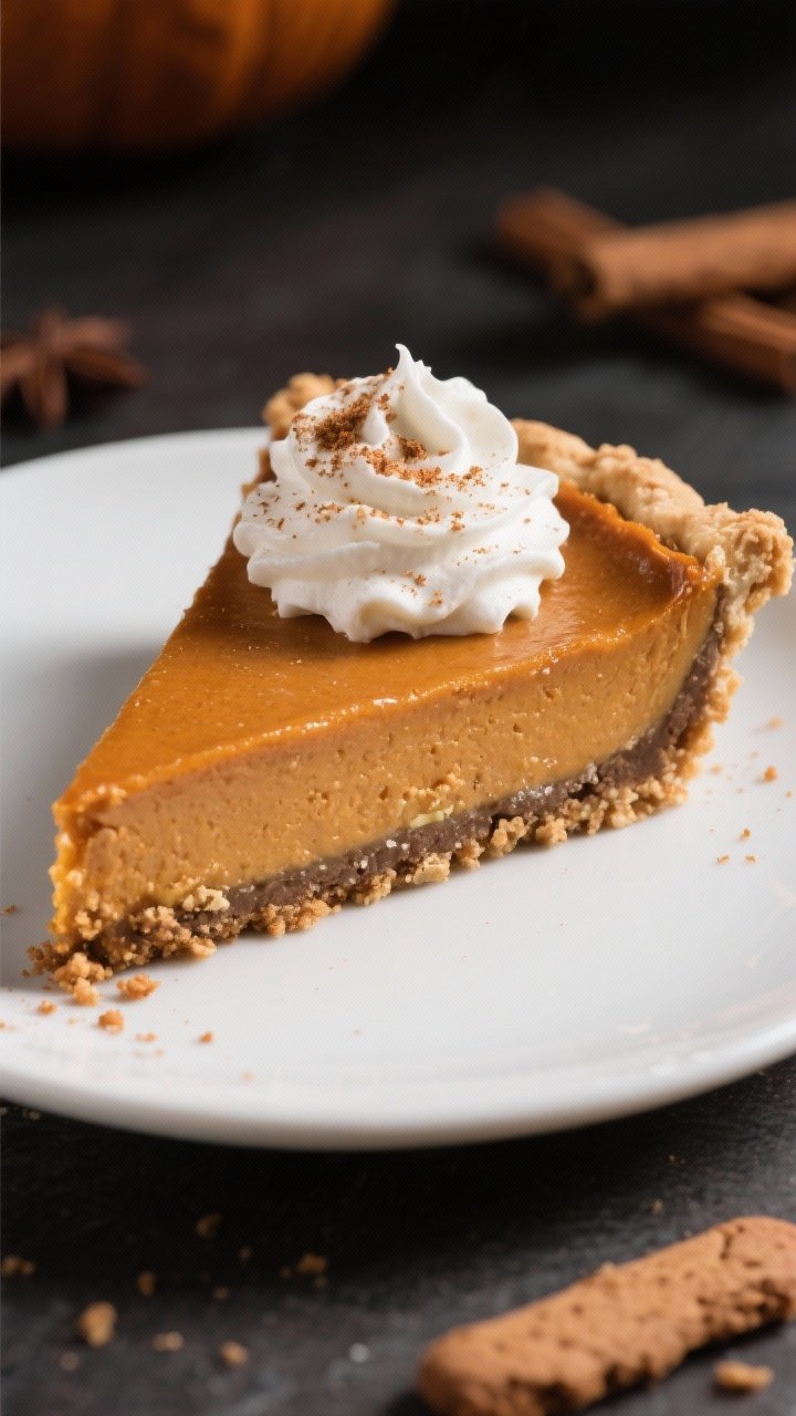 A 45-degree close-up of silky pumpkin pie with a gingersnap crust: clean slice on a plate showing crisp, dark spiced crumb from gingersnap cookies, butter, brown sugar, and salt; smooth pumpkin custard with brown sugar, eggs, warm spices, and vanilla, topped with softly whipped cream and a dusting of nutmeg.