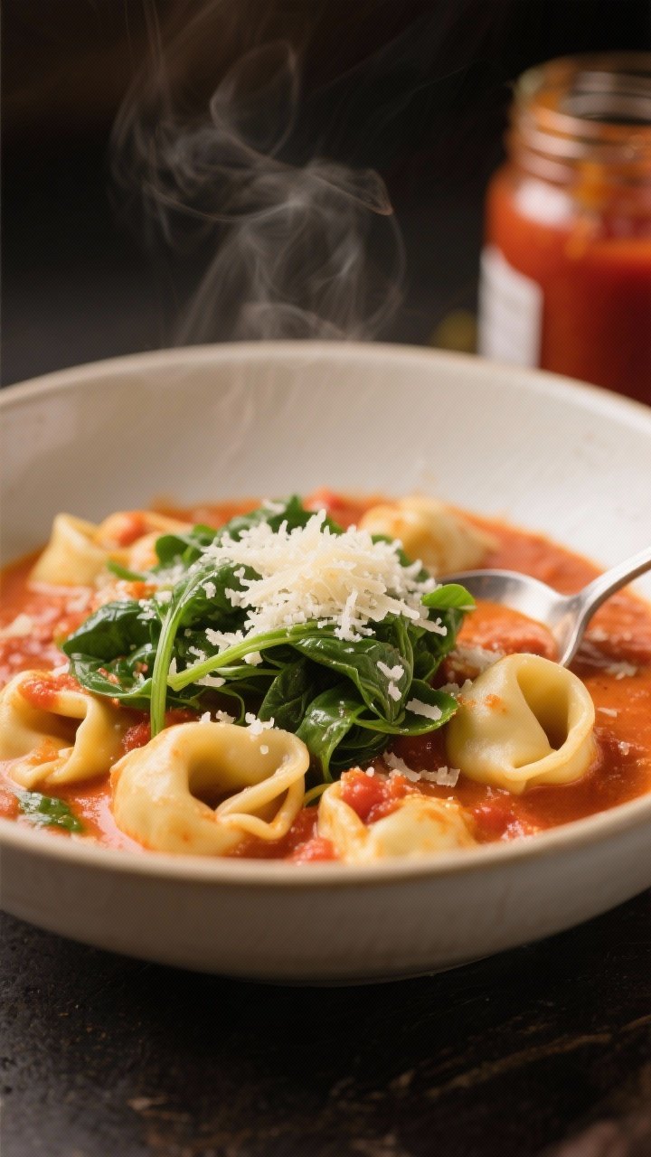 A 45-degree cozy bowl shot of creamy tomato tortellini: cheese tortellini in a lush marinara-cream sauce, wilted baby spinach ribbons, a snowfall of grated Parmesan on top; served in a wide shallow bowl with a spoon partially dipped, warm tonal palette, gentle steam, background blur with a jar of marinara out of focus.