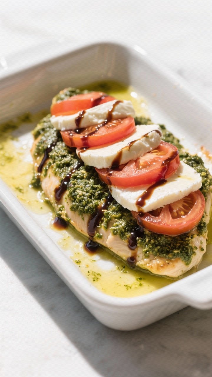 A 45-degree plated bake of pesto caprese chicken: boneless chicken breasts coated with basil pesto, crowned with melted fresh mozzarella and overlapping tomato slices; finished with a glossy balsamic glaze drizzle; served in a white baking dish with little pesto oil pools, bright natural light.