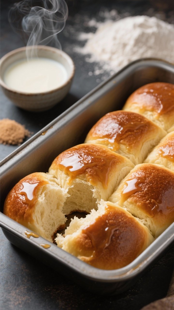 A 45-degree shot of brown butter Parker House rolls nestled in a metal baking pan, lacquered tops brushed with extra brown butter, soft golden pull-apart sides, a small bowl of warmed milk and yeast with a pinch of sugar in the background alongside flour and salt; steam wisping from a torn roll to show pillowy crumb.