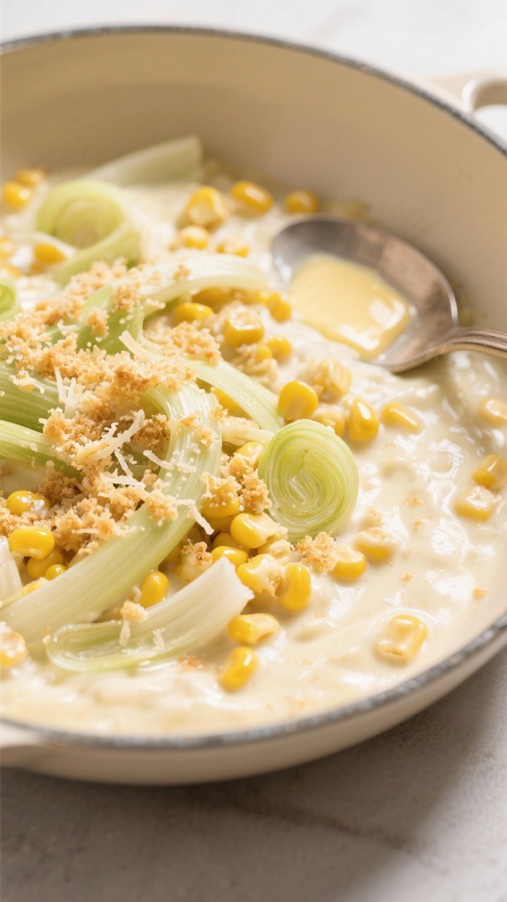 A 45-degree shot of creamed corn with leeks in a cream-colored skillet: tender corn kernels bathed in a silky mix of heavy cream and whole milk, ribbons of sautéed leeks throughout, topped with golden Parmesan breadcrumbs; butter melting at the edge, spoon mark showing luscious texture, bright yet cozy lighting.
