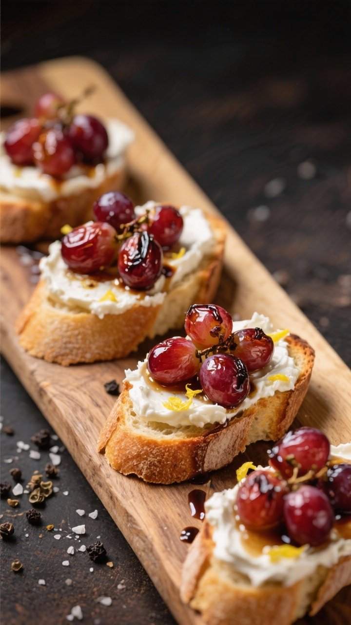 A 45-degree shot of roasted grape and ricotta crostini on a wood board: baguette slices toasted and spread with whipped ricotta (lemon zest and a touch of honey), crowned with blistered, glossy red grapes; finished with a drizzle of balsamic glaze and a pinch of sea salt and black pepper.