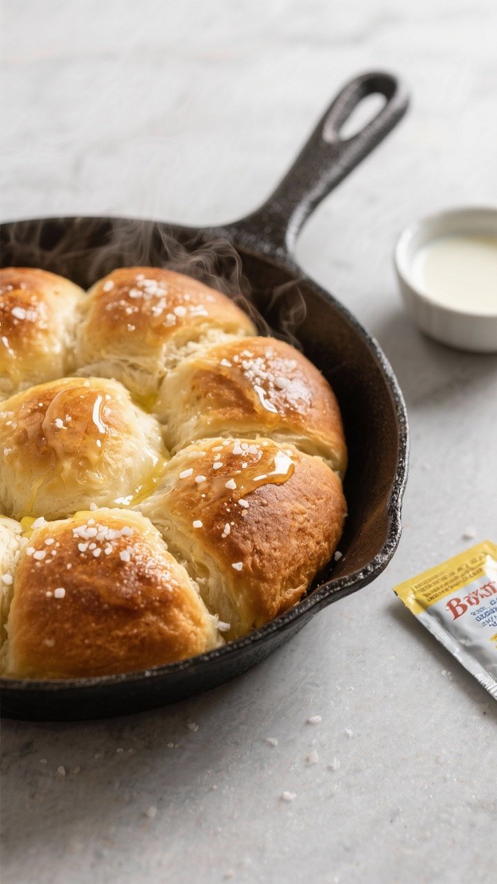 A 45-degree skillet shot of no-knead dinner rolls: golden, pull-apart rolls baked in cast iron, brushed with melted butter and sprinkled with flaky sea salt; ingredients implied with a small dish of warm milk and a packet of yeast off to the side; steam visible for warmth and softness.