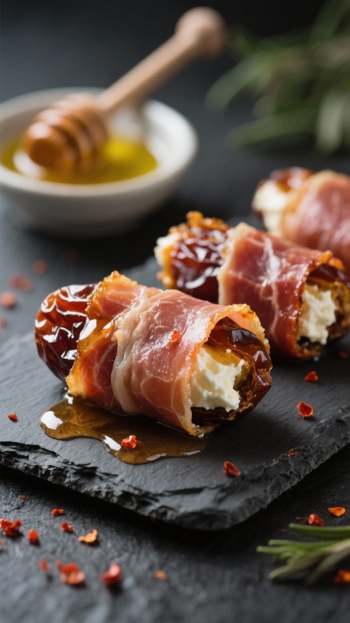 A close-up 45-degree shot of crispy prosciutto-wrapped Medjool dates on a small dark slate, split ends showing creamy goat cheese filling, glistening with a hot honey drizzle and a hint of red pepper flakes; a small dish of olive oil and a honey dipper in the background, shallow depth of field emphasizing glossy, caramelized edges.