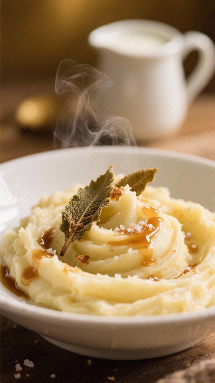 A close-up, 45-degree shot of ultra-creamy Yukon Gold mashed potatoes swirled in a shallow white bowl, glossy from brown butter with crispy fried sage leaves scattered on top; visible pools of nutty brown butter and flecks of kosher salt, steam rising, milk and cream pitcher blurred in the background, warm golden tones, shallow depth of field.
