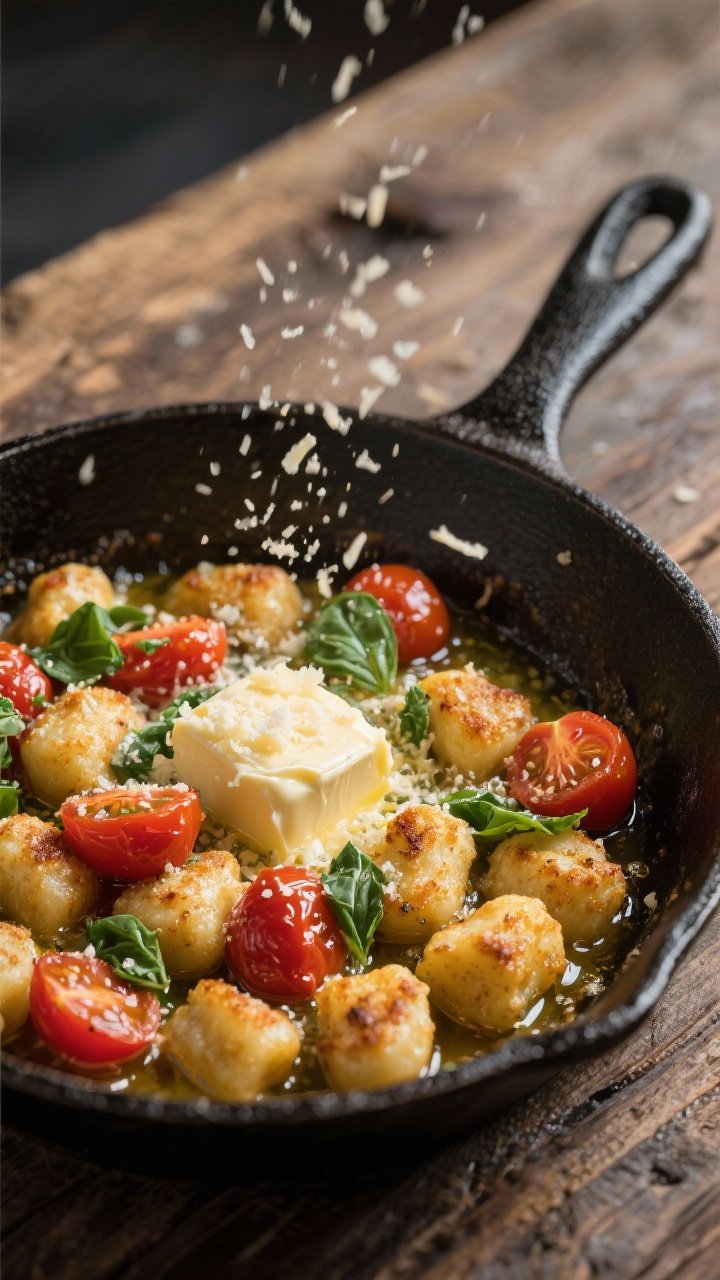 A dynamic 45-degree skillet action shot: crispy gnocchi with burst cherry tomatoes in bubbling basil butter; gnocchi golden and craggy, tomatoes split and juicy, chopped fresh basil melting into butter, grated Parmesan sprinkled over; cast-iron pan on a rustic wooden table, butter gloss emphasized.