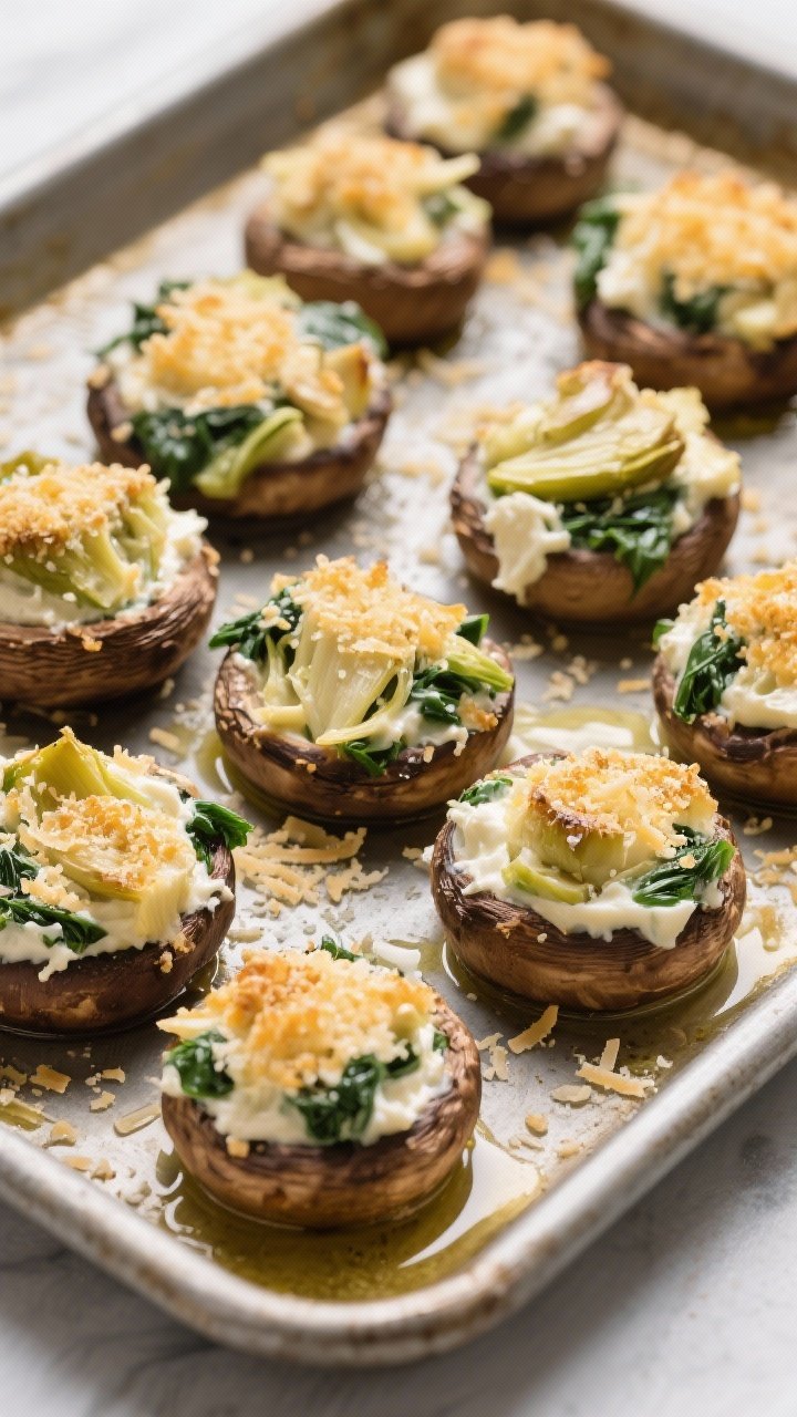 A straight-on baking tray shot of spinach-artichoke stuffed cremini mushrooms: golden Parmesan crust on top, creamy filling (cream cheese, sour cream, spinach, artichokes, shallot, garlic) peeking through; a light brush of olive oil gives caps a sheen, sprinkled with extra Parmesan.