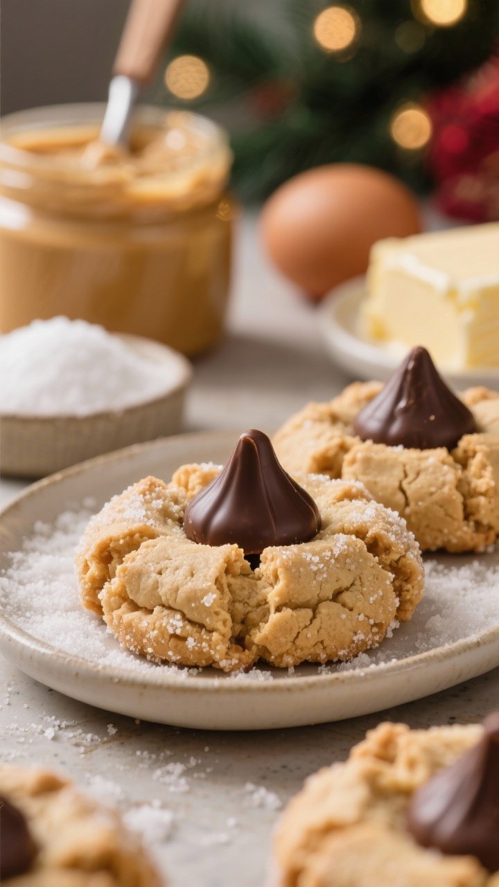 A straight-on close-up of classic peanut butter blossoms: crackly sugared peanut butter cookies each crowned with a dark chocolate kiss, chocolate slightly glossy from residual warmth. Show a shallow dish of granulated sugar for rolling, creamy peanut butter jar and spoon, softened butter, light brown sugar, and one egg in the background; cozy holiday scene with warm highlights and sharp focus on the chocolate peak.