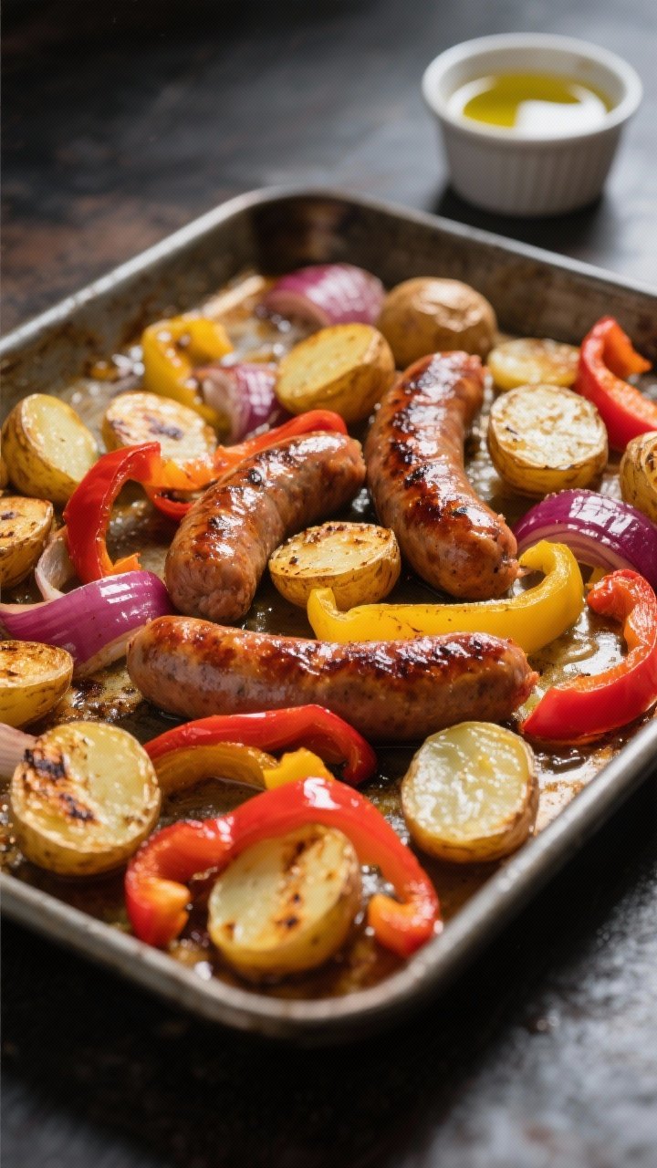 A straight-on one-pan roast capture: sausage, peppers, and potatoes sizzling on a sheet pan; halved baby potatoes blistered and golden, Italian sausage coins bronzed, red and yellow bell pepper strips and red onion softened; olive oil sheen, a few char spots, a small ramekin of oil in background, dramatic side light.