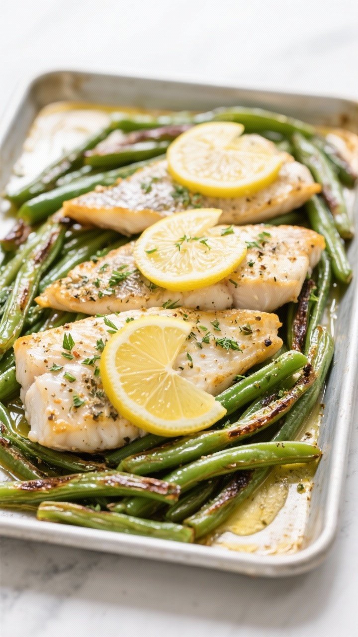 A straight-on sheet-pan dinner: zesty lemon herb tilapia with roasted green beans; fillets topped with lemon zest and dried Italian seasoning, thin lemon slices laid across; green beans slightly blistered, olive oil glisten; clean, bright light to highlight freshness and citrus.