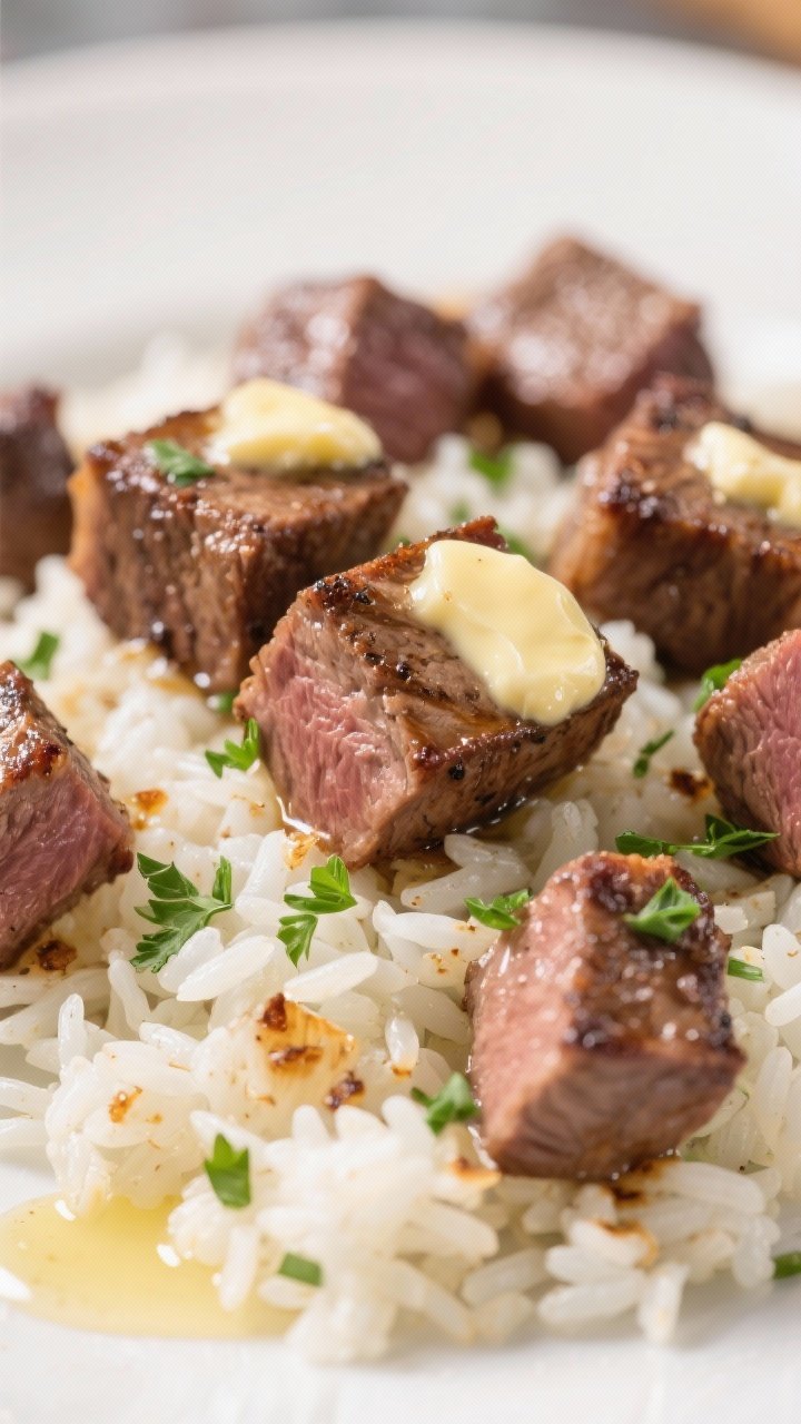 A tight close-up of garlic butter steak bites over herby rice: seared 1-inch steak cubes with a butter-garlic gloss and browned edges, nestled atop fluffy jasmine rice flecked with chopped fresh parsley; melting butter puddles and toasted fond bits visible, shallow depth with crisp focus on steak surface.