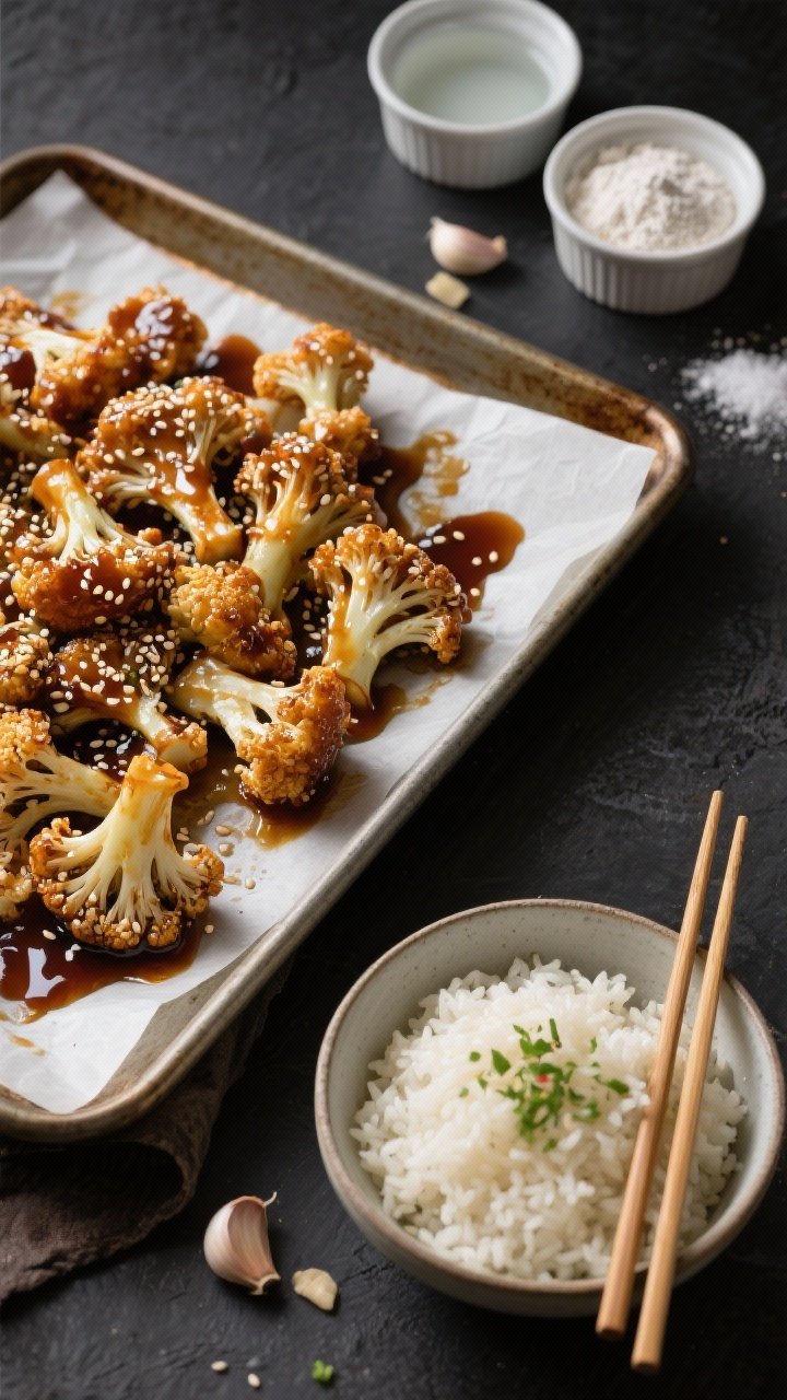 Action overhead of sticky sesame cauliflower on a parchment-lined sheet pan transitioning to a bowl: lacquered, sesame-glossy cauliflower florets with toasted sesame seeds, next to a bowl of garlicky jasmine rice speckled with minced sautéed garlic. Include small ramekins of flour, water batter, garlic powder, and salt to hint at the method. Lacquered sauce reflections, chopsticks resting on the bowl, moody contrast.