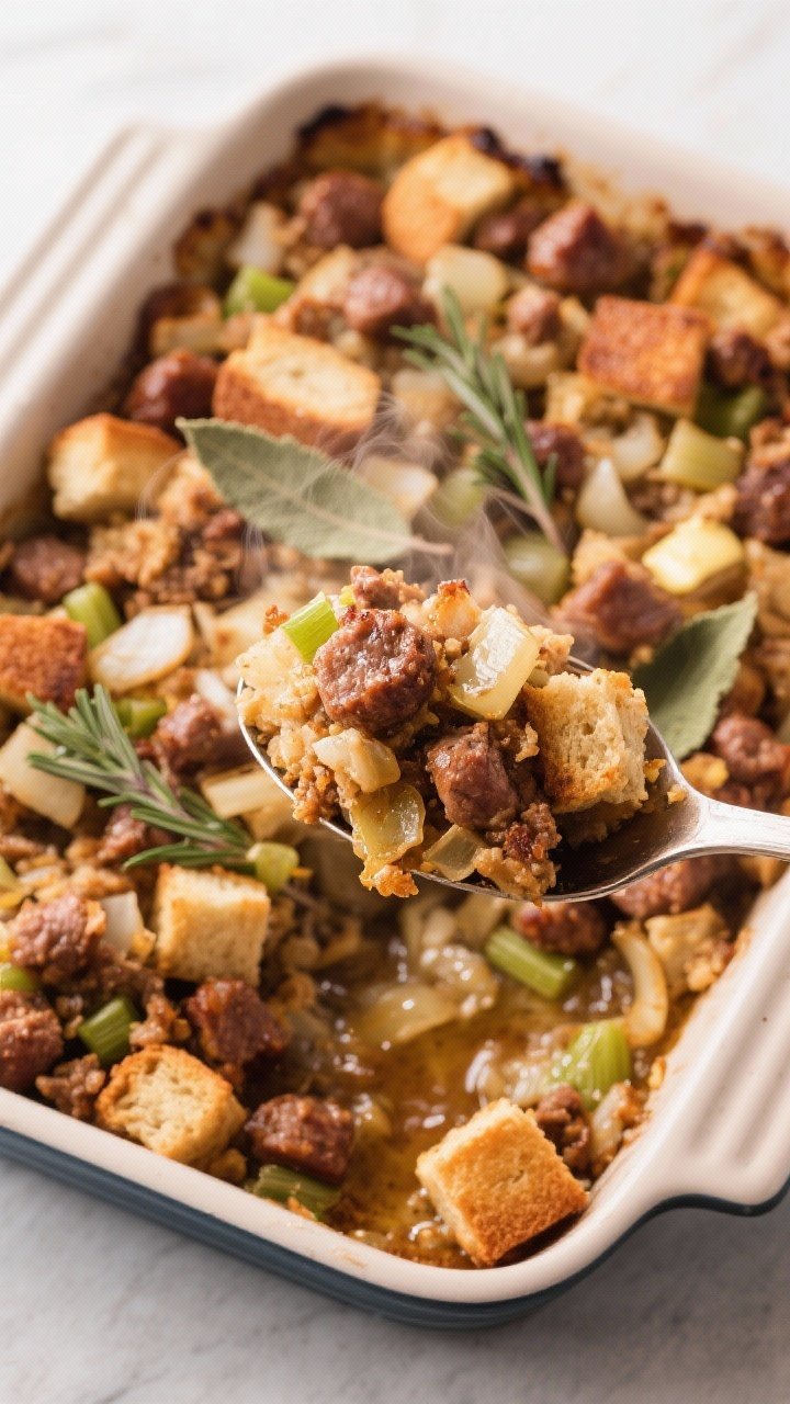 An overhead casserole dish of crispy sausage stuffing with deeply browned craggy edges, visible browned Italian sausage crumbles, diced onion and celery, glistening butter sheen, specks of fresh thyme and chopped sage, and toasted bread cubes; a serving spoon lifting a crunchy, steamy portion to showcase texture.