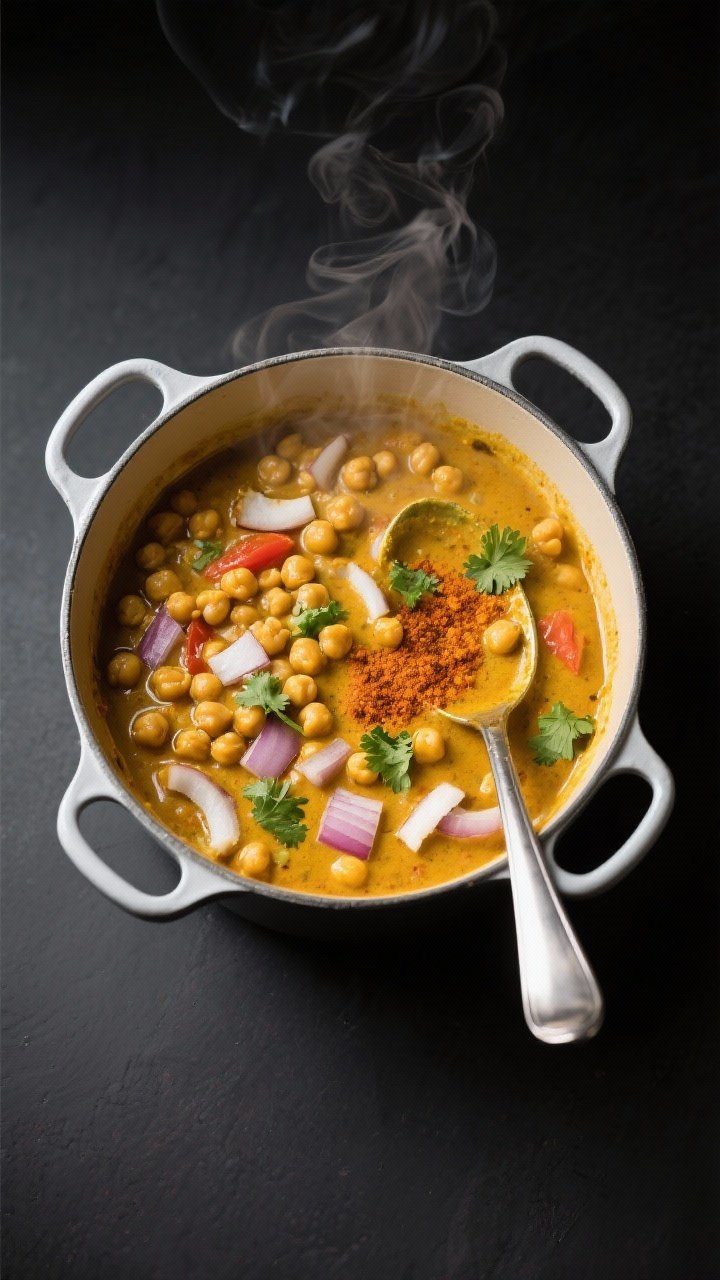 An overhead one-pot curry scene: creamy coconut chickpea curry simmering in a Dutch oven; chickpeas suspended in a turmeric-gold, tomato-coconut sauce with visible curry powder tint and diced onions; ladle resting in pot, scattered cilantro optional for color, soft steam, matte dark background.