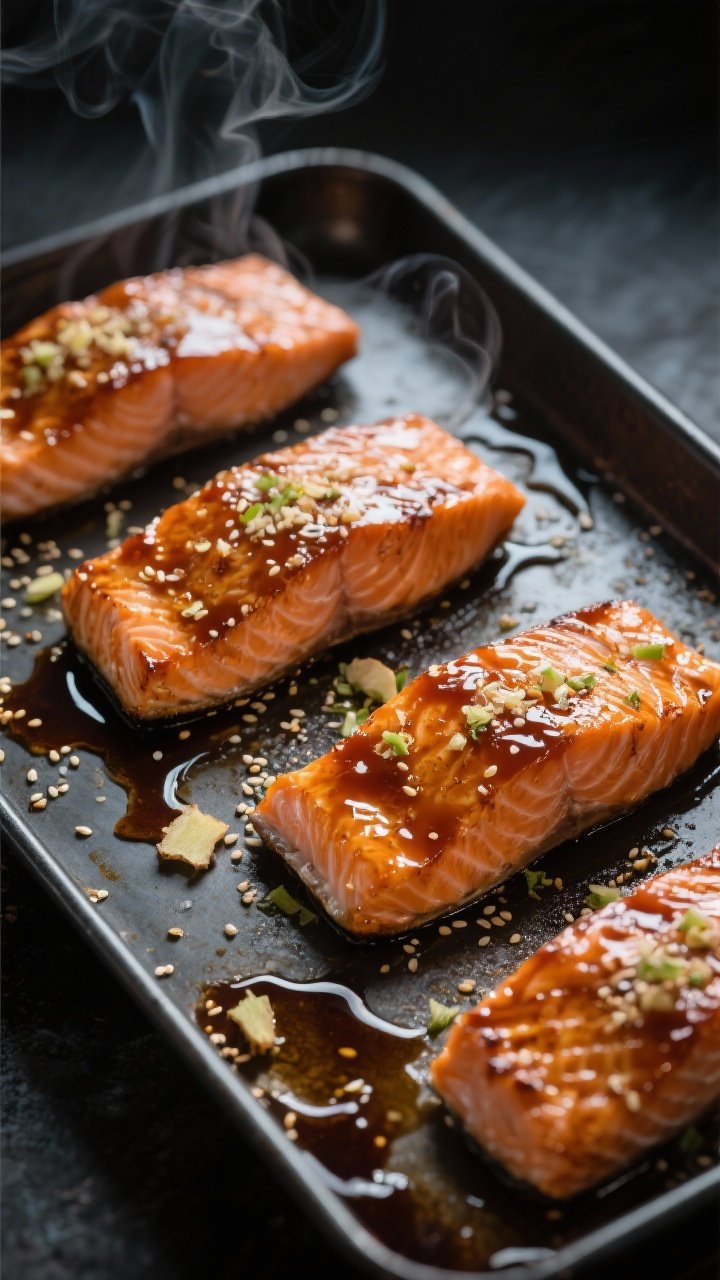 An overhead sheet-pan scene of honey soy salmon: four salmon fillets lacquered with a soy, honey, rice vinegar glaze, sprinkled with grated fresh ginger; caramelized edges, pooled glaze glistening on a dark metal pan, minimal props, sesame seeds optional for texture, steam wisps visible; moody lighting to emphasize the sticky shine.
