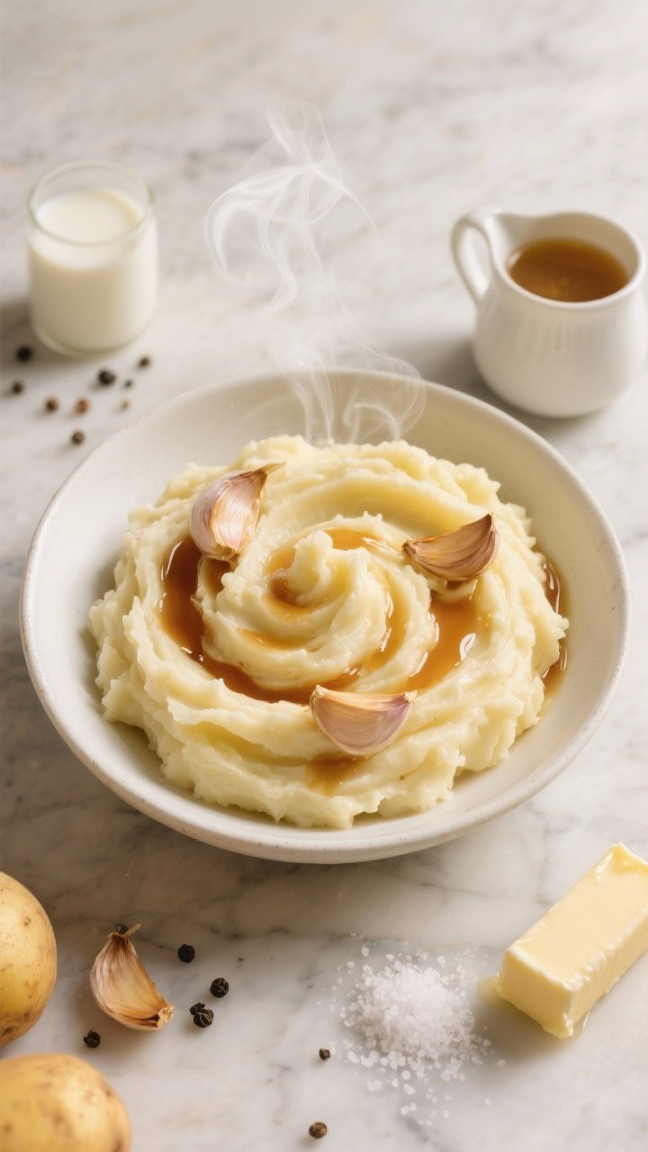 An overhead shot of ultra-creamy Yukon Gold mashed potatoes swirled in a wide white ceramic bowl, glistening with brown butter pools and roasted garlic cloves squeezed into the mash; warm milk and a small pitcher of broth nearby, a stick of unsalted butter half-melted, kosher salt flakes, and cracked black pepper on a marble surface; cozy, golden light with visible steam for a soul-hugging feel.