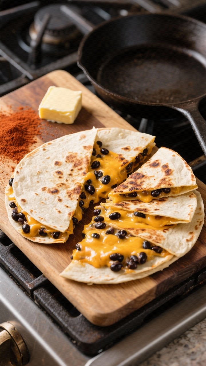 An overhead stovetop-to-table shot of cheesy black bean quesadillas: large flour tortillas folded and griddled to golden with a few char specks, oozing melted cheddar/Mexican blend and black beans; a dusting of smoked paprika on the cutting board, butter pat melting on a warm skillet nearby, wedges fanned to show gooey pull.