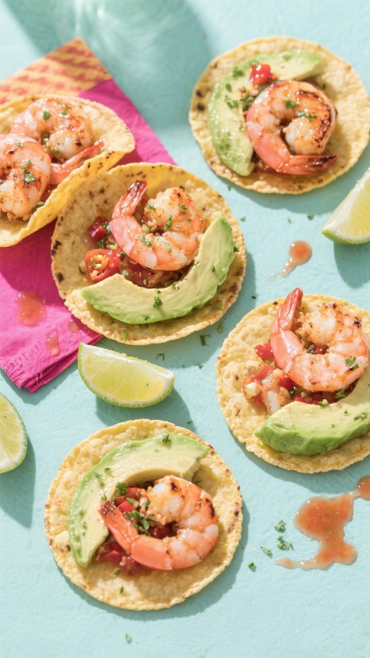 An overhead taco assembly flat lay: chili-lime shrimp (pink, lightly charred) piled into small corn tortillas, topped with creamy avocado slices; lime zest speckled over shrimp, lime wedges on the side; vibrant napkin accents, minimal salsa drips, bright daylight for a party vibe.
