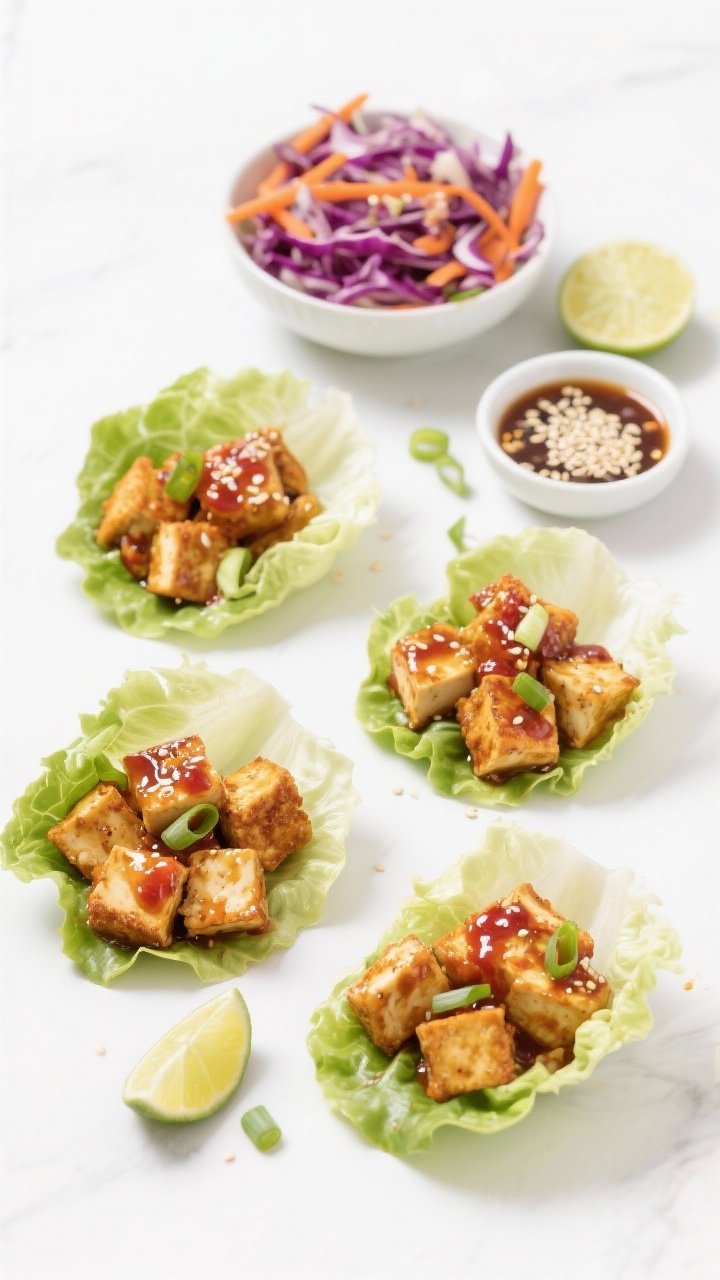 Bright overhead assembly of sweet chili tofu lettuce wraps: butter lettuce cups filled with crispy cornstarch-dusted tofu cubes glazed in glossy sweet chili sauce mixed with soy sauce, rice vinegar, and grated ginger. Crunchy slaw of purple cabbage and carrot in a separate bowl, lime wedges, sesame seeds, and sliced scallions scattered. Small dish of extra sauce, clean white background for fresh, vibrant feel.