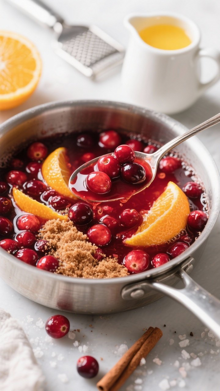 Close-up, 45-degree angle of a saucepan with bubbling cranberry orange sauce: fresh cranberries bursting in a ruby-red syrup, visible orange zest ribbons and segments, a sheen from granulated and brown sugar, hint of cinnamon and a pinch of salt; a small pitcher of orange juice and a zester nearby, a spoon lifting thick, jewel-toned sauce to show glossy texture; bright, festive mood.