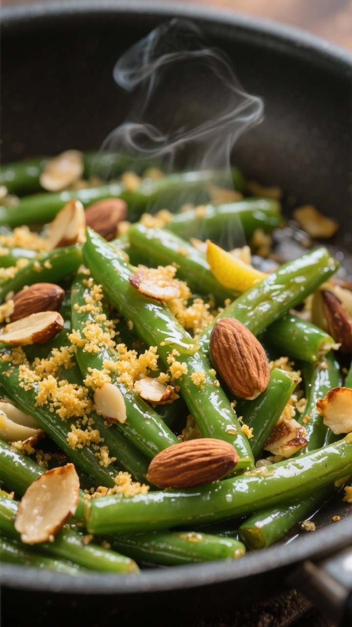Close-up macro of green bean almondine in a shallow skillet: tender-crisp green beans glistening with butter and olive oil, browned garlic chips scattered throughout, toasted sliced almonds, and golden lemony breadcrumbs sprinkled over; visible steam and tiny butter sheen; cropped tight to capture crunch and gloss.