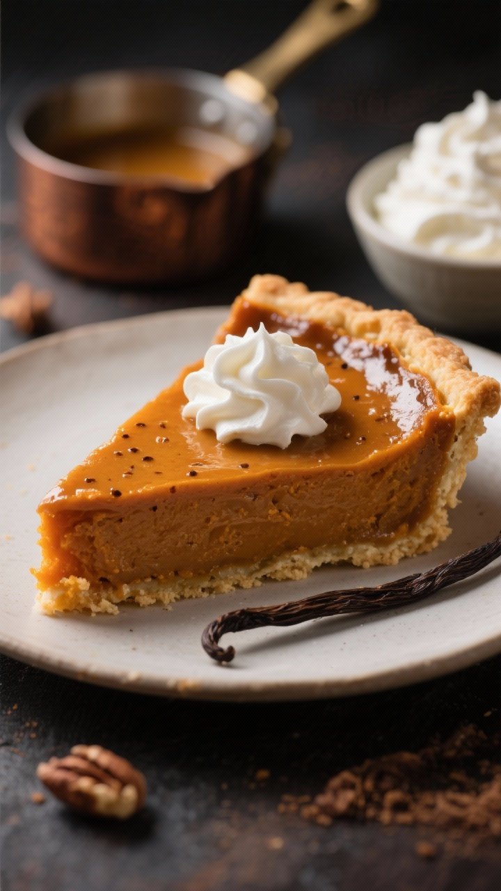 Close-up macro shot of a brown butter pumpkin pie slice showing the glossy, deeply amber custard with tiny vanilla bean specks in the whipped cream dollop. The all-butter crust is flaky and golden; the filling features nutty browned butter, dark brown sugar, pumpkin puree, 3 eggs, whole milk, and sour cream for lush texture. A small saucepan with browned butter (toasty milk solids visible) sits blurred in the background, along with a split vanilla bean beside a bowl of softly mounded whipped cream. Rich, moody lighting to highlight caramelized tones and creamy textures.