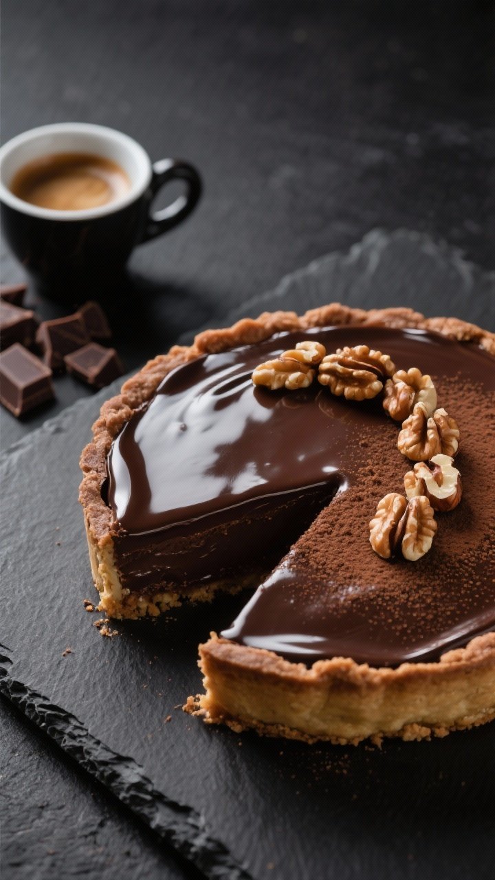 Close-up of a glossy chocolate hazelnut tart with espresso ganache: dark cocoa crust with sharp edges, mirror-finish ganache reflecting light, topped with a crescent of toasted hazelnuts and a light cocoa-espresso dusting; a clean slice lifted to show the firm, velvety ganache layer; styled on matte black slate with an espresso cup and chopped bittersweet chocolate.