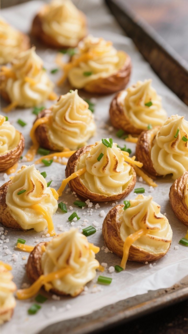 Close-up of cheddar-chive duchess potatoes piped into elegant swirls on a parchment-lined tray: bronzed ridges, creamy interior enriched with butter, heavy cream, egg yolks; fine strands of sharp cheddar melted within, fresh chopped chives and a pinch of kosher salt and white pepper visible.