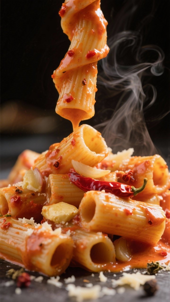 Close-up of Gigi Hadid–style spicy vodka pasta (no vodka) being twirled: rigatoni coated in a silky tomato paste–based cream sauce with butter, olive oil, shallots, garlic, and red pepper flakes; a sheen of sauce clinging to ridges, flecks of chili visible, steam rising; warm moody lighting, grated Parmesan and cracked pepper in soft focus background.