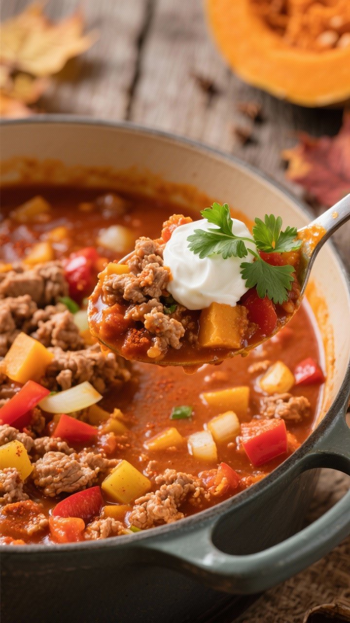 Close-up of One-Pot Turkey Pumpkin Chili simmering in a Dutch oven: lean ground turkey, diced yellow onion, red bell pepper, garlic, pumpkin purée base, chili powder, cumin, smoked paprika visible in the orange-red broth; spoon lifting a chunky ladleful, garnished with a dollop of Greek yogurt and chopped cilantro; rustic fall backdrop.