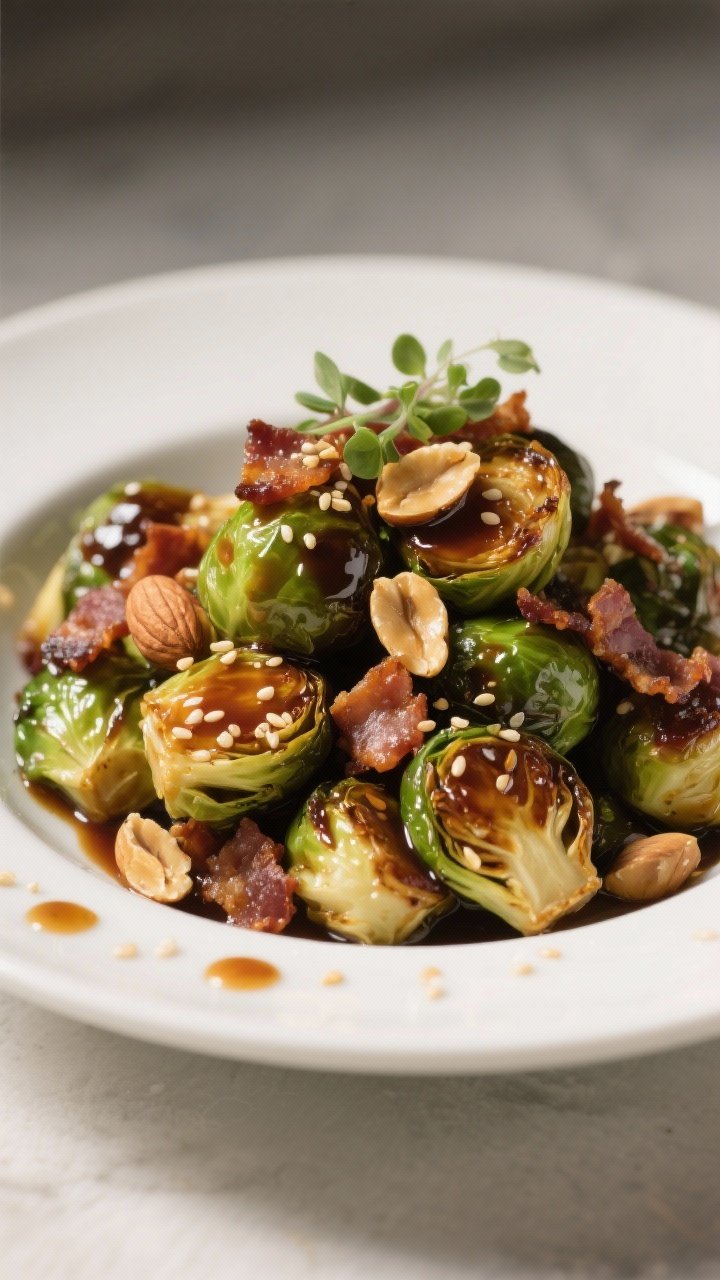 Close-up plated final dish: a shallow white bowl piled with honey-balsamic Brussels sprouts, edges caramelized, coated in a sticky glaze; flecks of peppery bacon scattered throughout, toasted almonds sprinkled on top for crunch; micro-beads of glaze and a few sesame-like toasted almond slivers on the rim; soy-enhanced depth in the glaze gives a dark amber sheen; 3/4 view with soft natural light, selective focus highlighting glossy textures and contrasting greens, browns, and golden nuts.