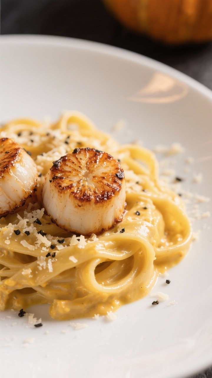 Close-up plated Pumpkin Alfredo with Seared Scallops: al dente fettuccine coated in creamy pumpkin-Parmesan sauce with a hint of nutmeg, crowned by caramelized large scallops; black pepper and extra Parmesan grated on top; elegant white plate, soft golden lighting, luxurious finish.